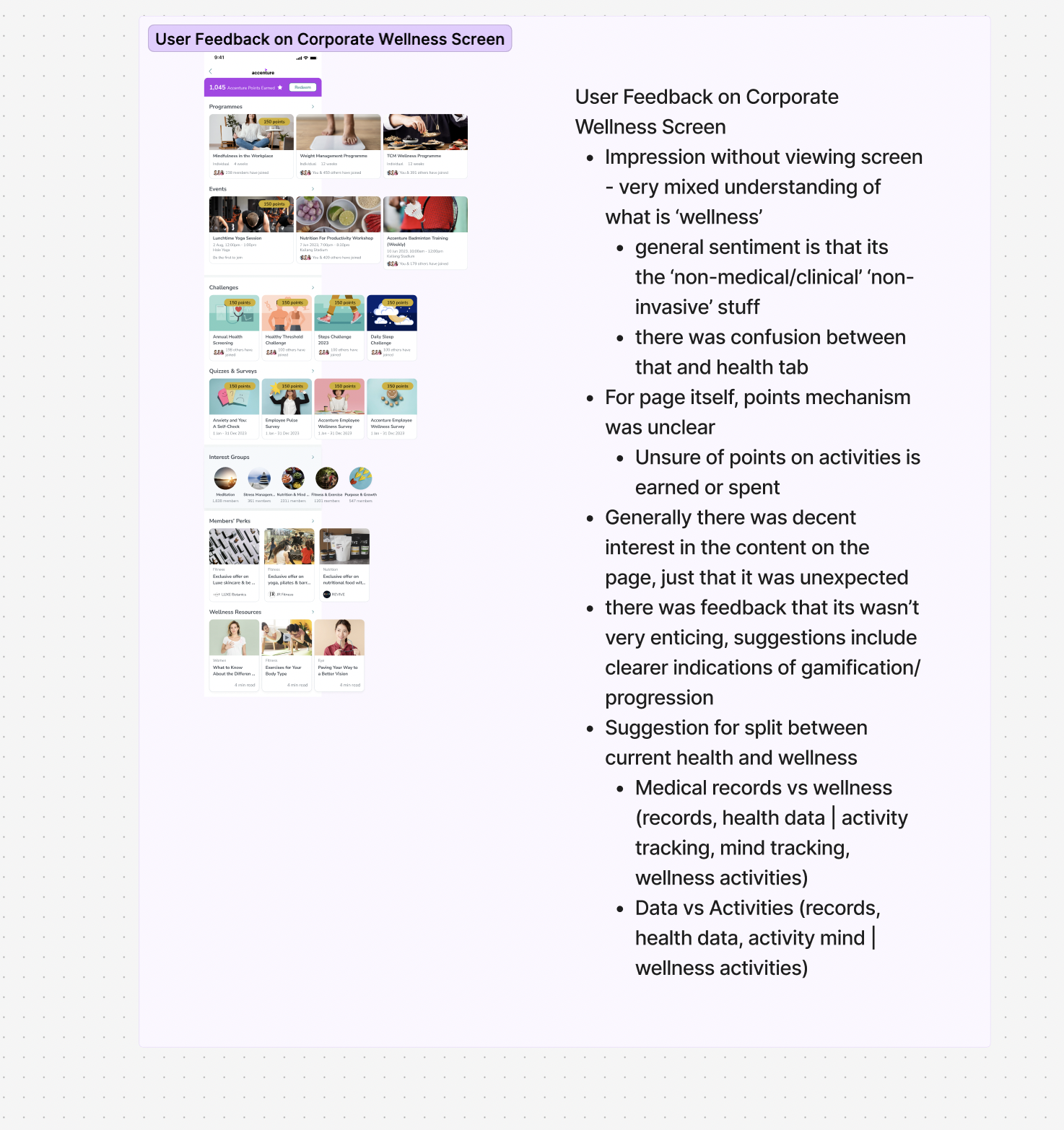 June 2023 feedback about Wellness versus Health, points clarity, content hierarchy, and progression